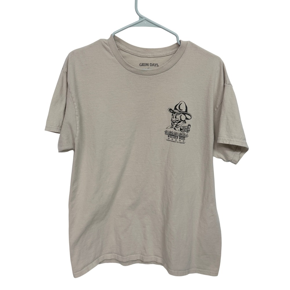 Grim Days Wild Willies Western Wear Cowboy Skull Graphic T-Shirt Tan Large